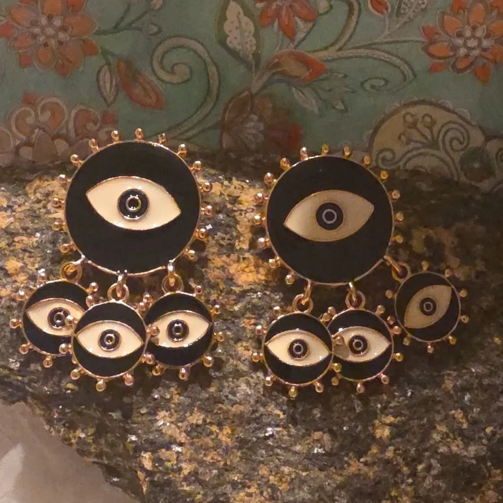 Mati Nazar Black Gold Evil Eye Statement Earrings { NWOT